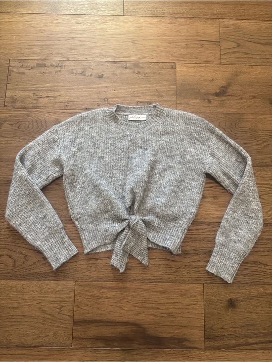 Petal & Pup Sweaters - Petal & Pup Light Gray Tie-Front Ribbed Crewneck Sweater